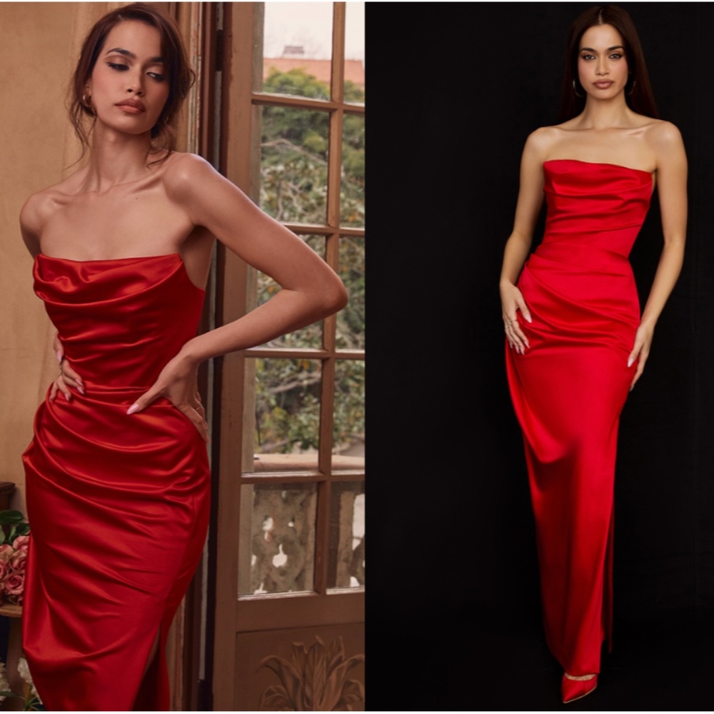 HOUSE OF CB  Adrienne' Scarlet Satin Strapless red Gown NWOT size S